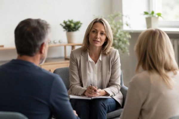 Couple discussing financial arrangement , pensions in divorce Bolton
